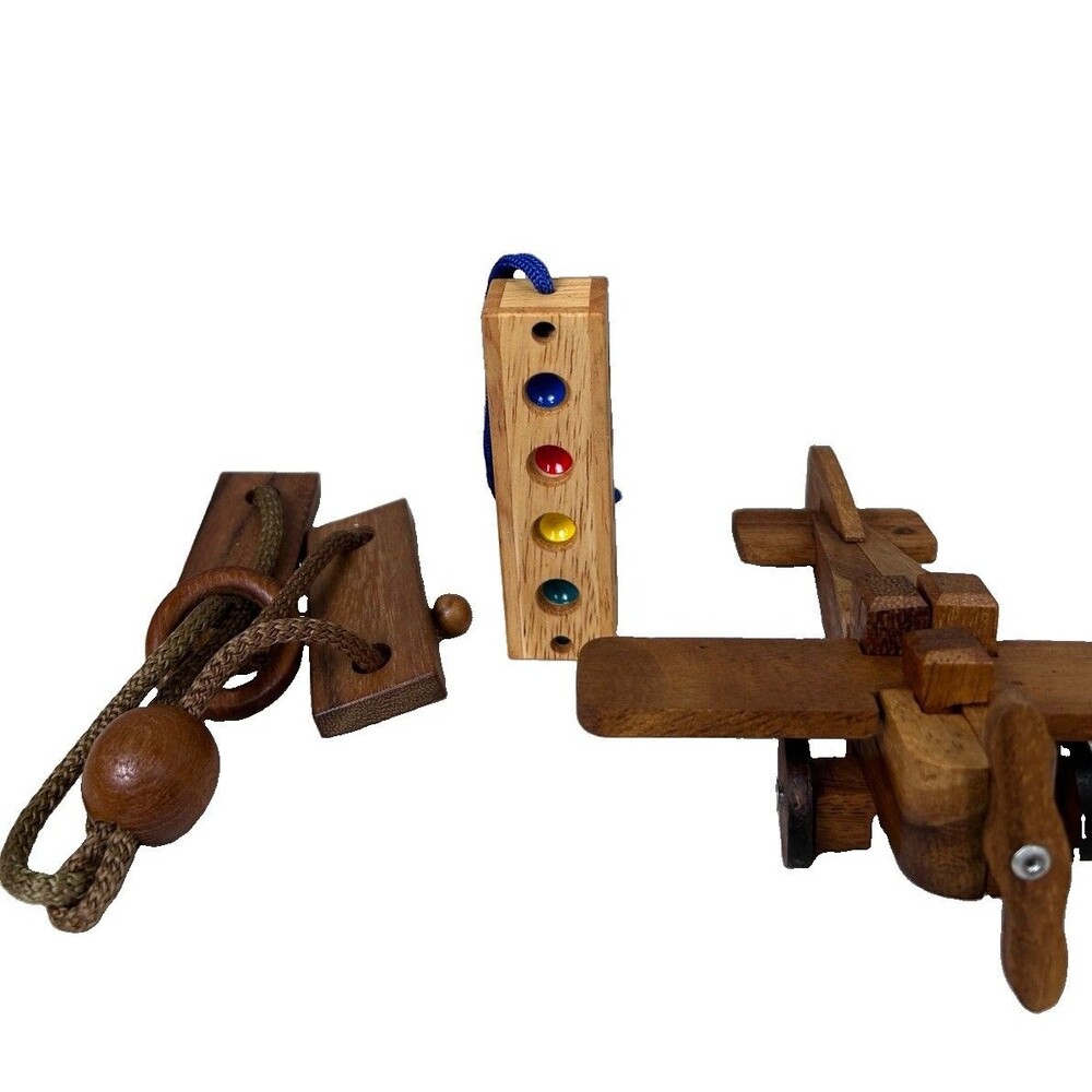 Lot of 3 Wooden Puzzles 3-D Airplane, Stoplight, Rope & Ring puzzle